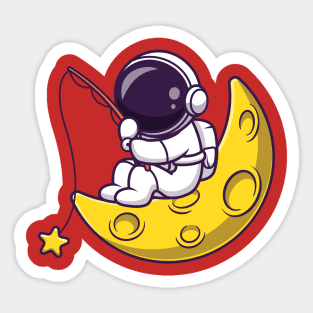 Astronaut Fishing Star On Moon Cartoon Sticker